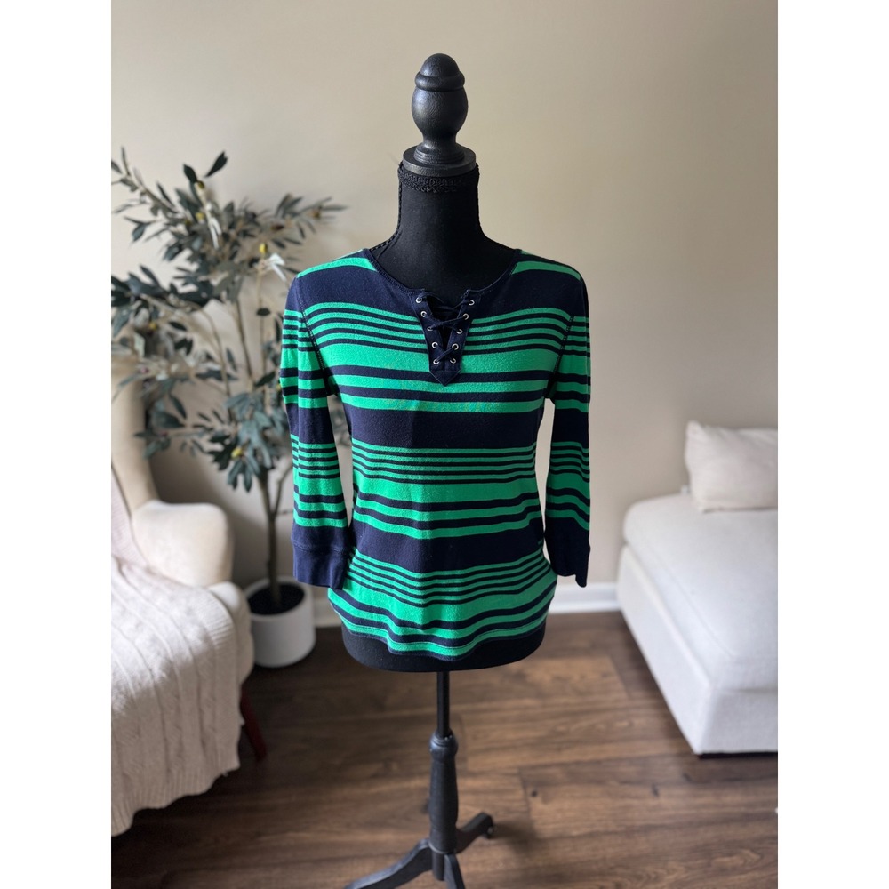 Chaps Womens Navy Green Striped Lace Up Neck 3/4 Sleeve Cotton Top Small